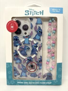 Lilo Stitch Skinny Dip iPhone 15 Pro Max Hard Case Cover Beaded Strap Glitter